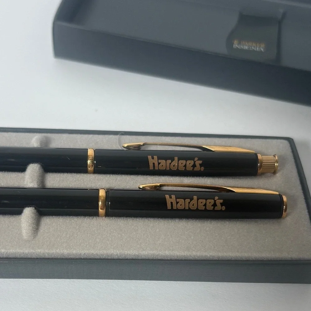 Parker Insignia Black Gold Trim Pen and Pencil Set Hardees Logo Vintage USA Made